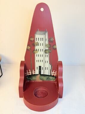Red Wall Mounted Primitive Folk Art Wooden Candle Holder Salt Box House